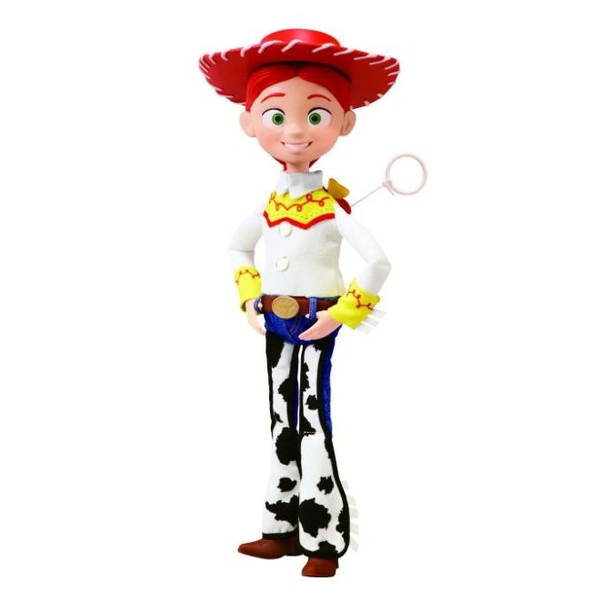 Jessie doll from Toy Story with red hat, white shirt, and cow-print pants.