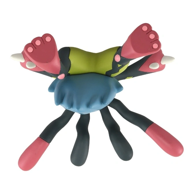  Cartoon toy with red feet, blue body, and black limbs.