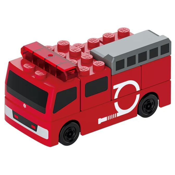  Red toy fire truck with grey top, black wheels and hose detail.