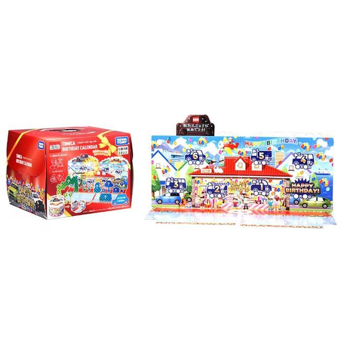  Tomica Birthday Calendar toy set with box and pop-up card featuring cars and birthday themes.