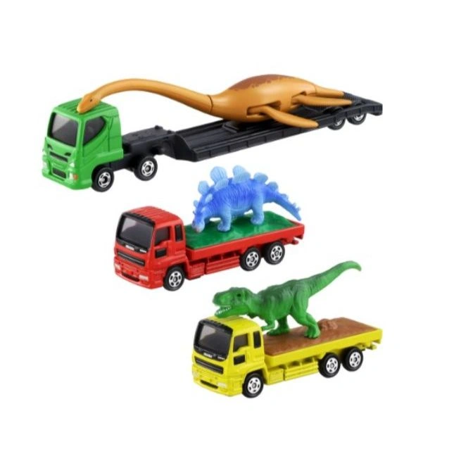 Three toy trucks carrying dinosaur figures: plesiosaur, stegosaurus, and T-Rex.