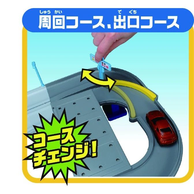  Toy car track with a hand switching the track. A red toy car is on the track. "Course change!" text.
