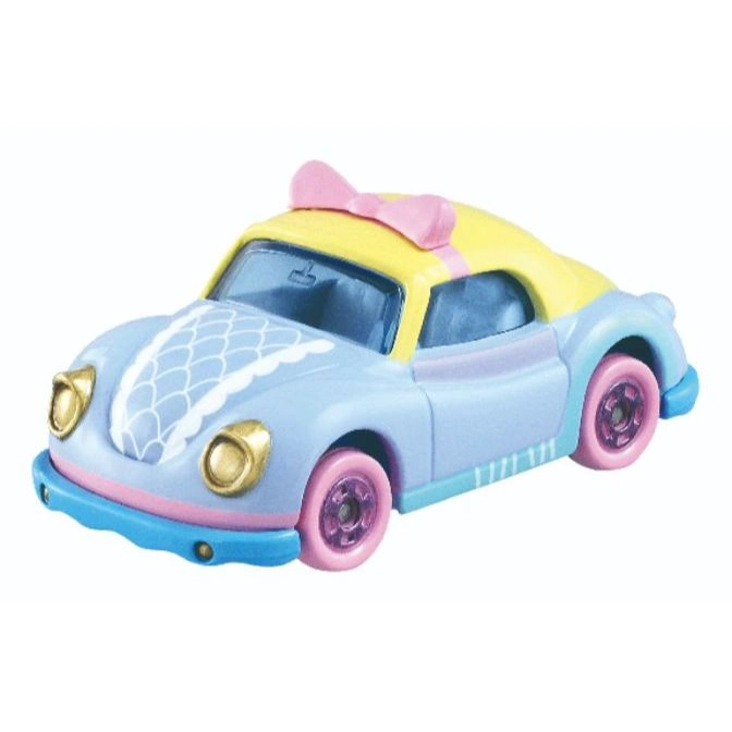 Pastel toy car with a bow on top, blue body, yellow roof, and pink wheels.