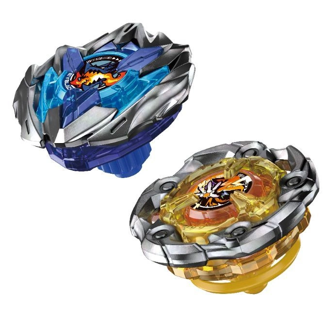  Two Beyblade spinning tops, one blue and silver, one gold and silver.