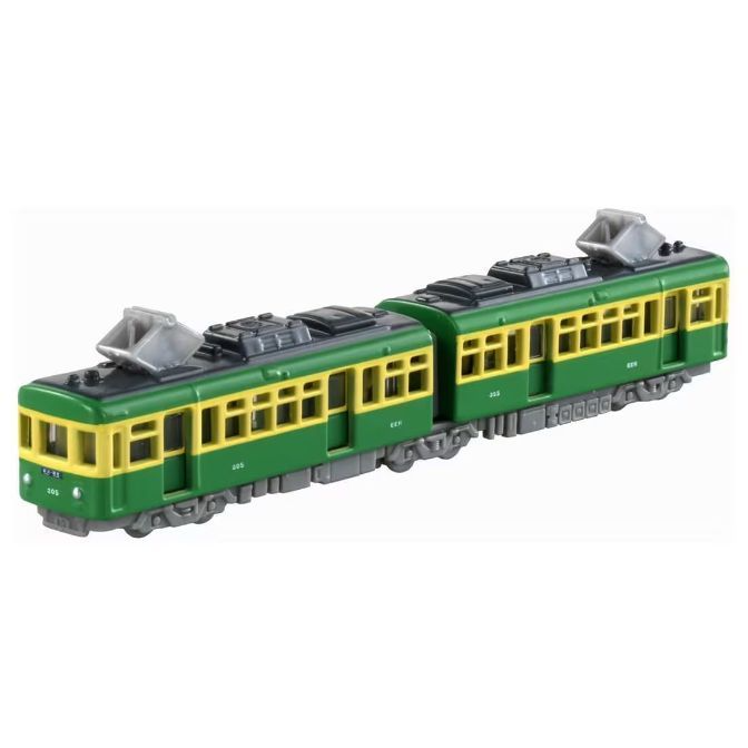 Green and yellow toy train with two cars and silver roof details.
