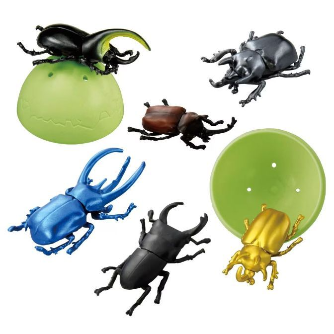 Toy beetle collection: black, brown, blue, gold, and silver beetles with green stands.