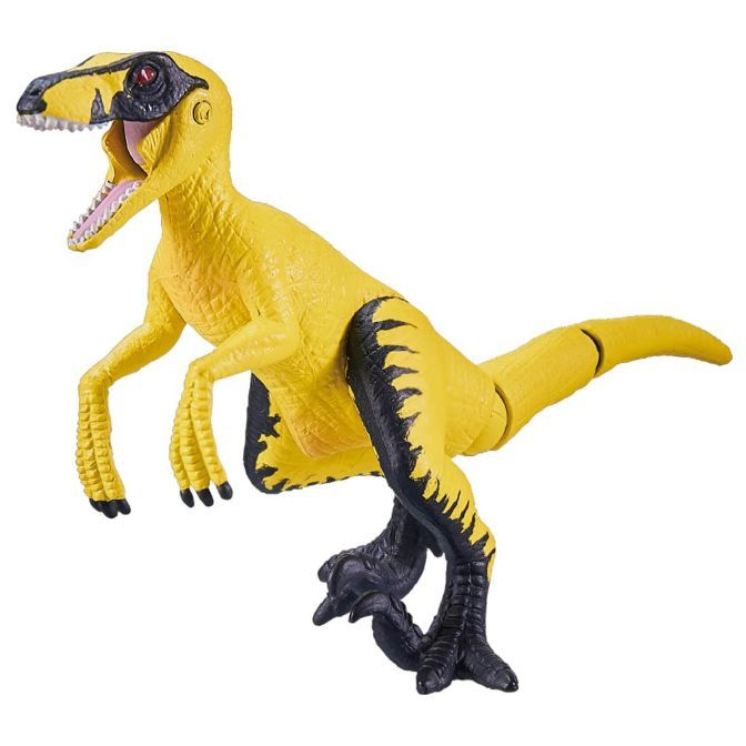 Yellow velociraptor toy with black accents, mouth open, in a dynamic pose.