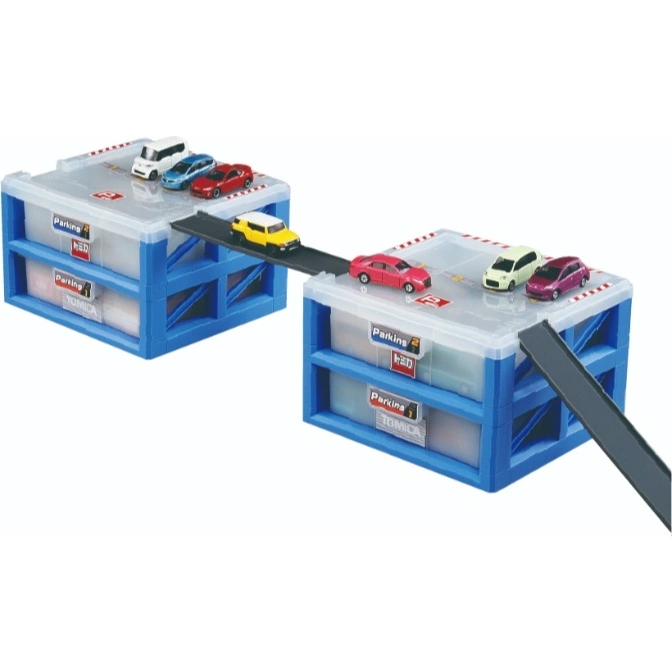  Toy car parking garage with multiple levels and toy cars on ramps and parking spots.