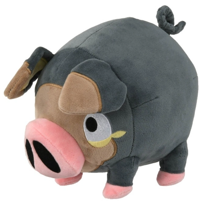  Tepig plush toy with gray body, pink snout, and curly tail.