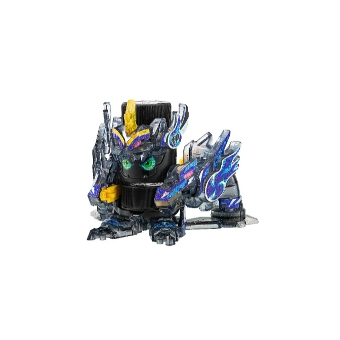  Black and clear toy robot with yellow accents and blue flame decals.