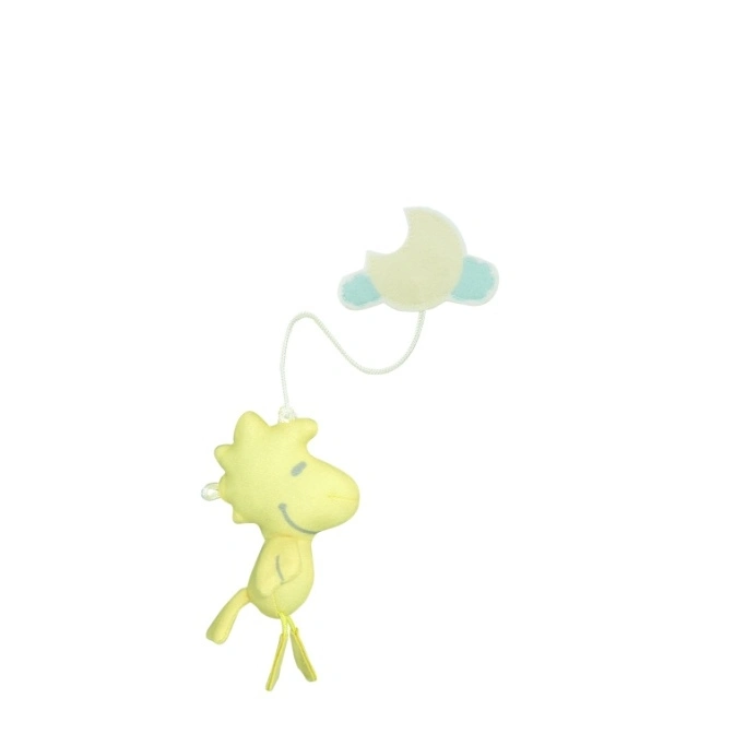  Yellow Woodstock plush toy hanging from a moon and cloud mobile.