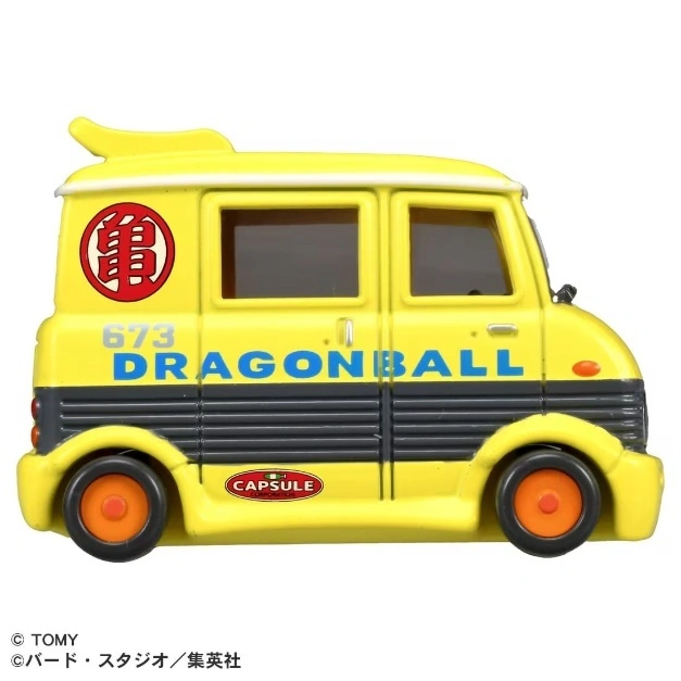  Yellow Dragon Ball van toy with orange wheels and 'Capsule' logo.