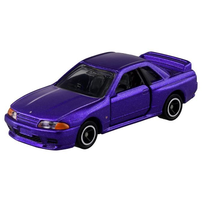  Purple toy Nissan Skyline R32 with black wheels and a rear spoiler.
