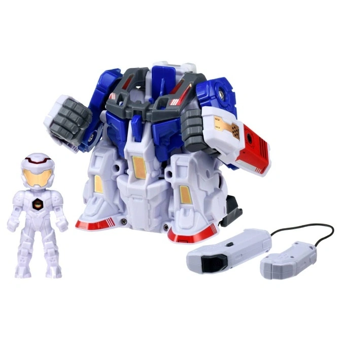  White, blue, and red robot toy with a small white astronaut figure and remote controls.