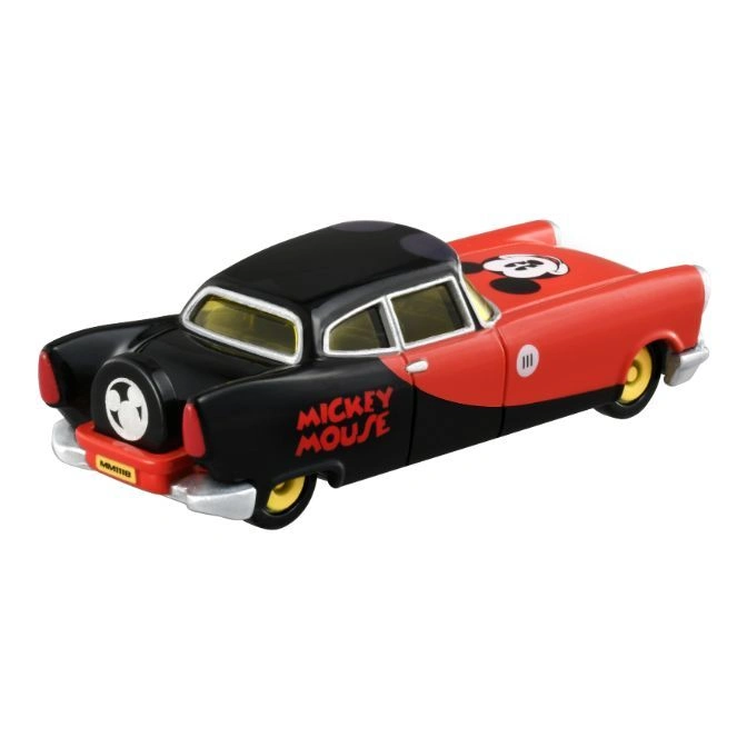  Mickey Mouse toy car, black and red, with spare tire and Mickey logo on hood.