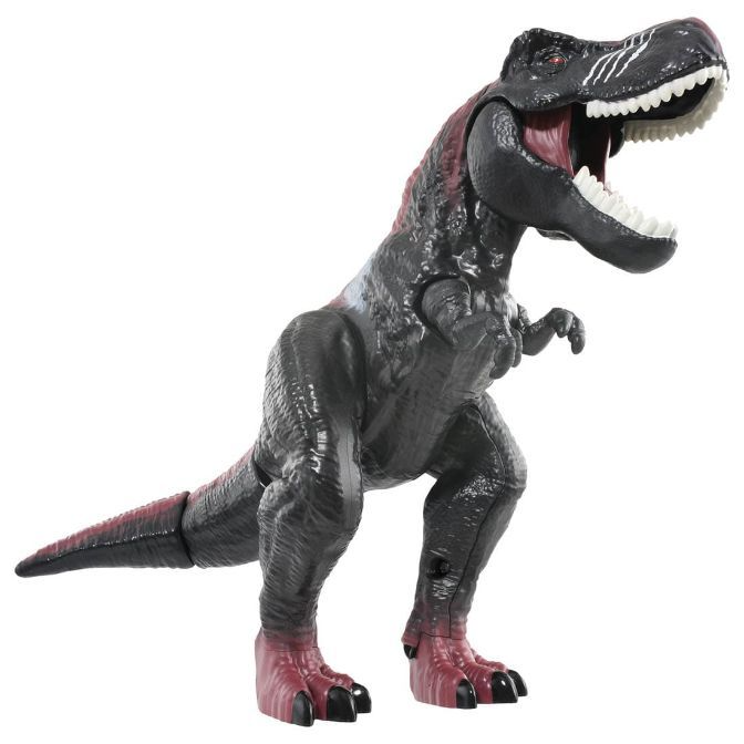 Black T-Rex toy with red accents, open mouth showing teeth.