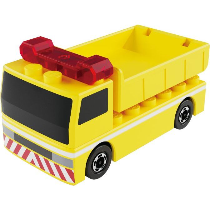  Yellow toy dump truck with red light bar and black wheels.