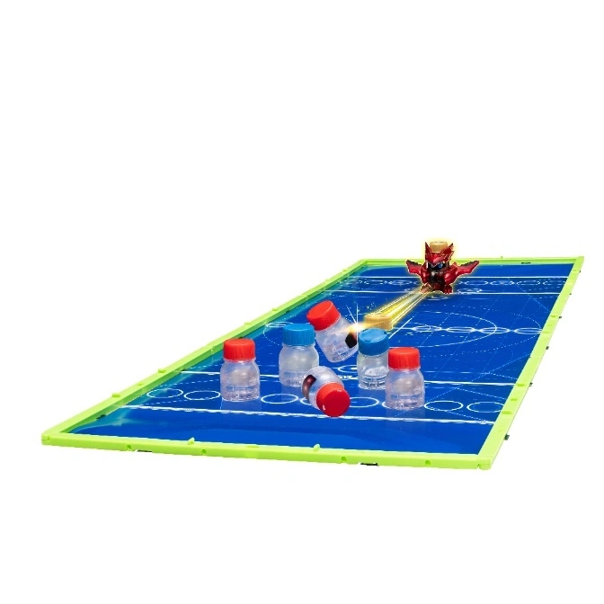  Red toy robot shooting at plastic bottles on a blue and green game board.