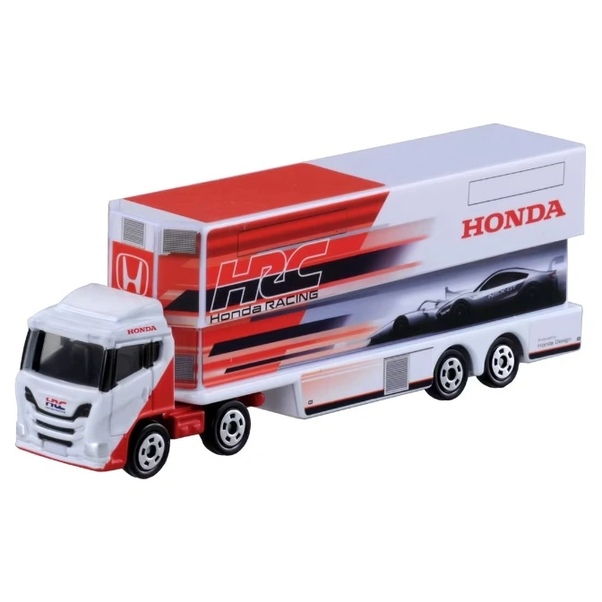  Honda HRC racing truck toy. White cab and trailer with red accents and racing graphics.