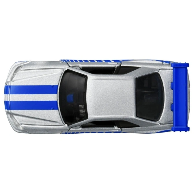  Silver toy car with blue stripes and spoiler, top view.
