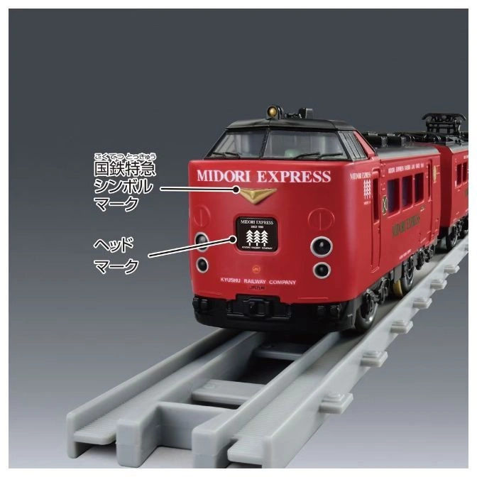  Red Midori Express toy train on gray tracks, featuring logos and text labels.