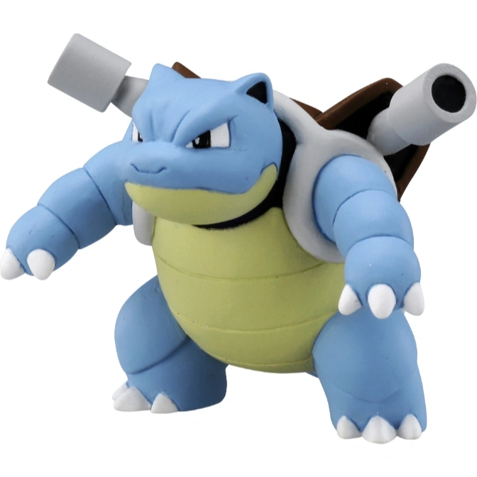 Blastoise toy figure with cannons, blue skin, and a yellow shell.