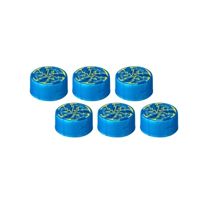Six blue Bottleman bottle caps with yellow lightning bolt designs.