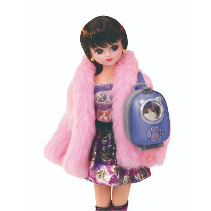  Licca doll in pink fur coat with cat carrier backpack and cat-themed dress.