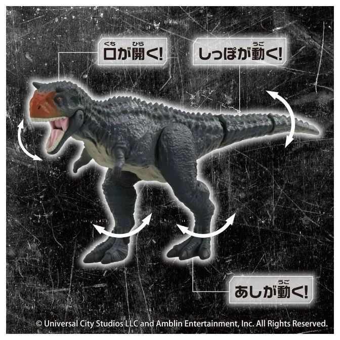  Grey dinosaur toy with articulated jaw, tail, and legs. Product features highlighted with arrows.