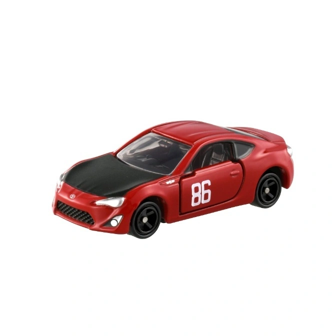Red toy Toyota 86 with black hood and racing number 86 on the door.