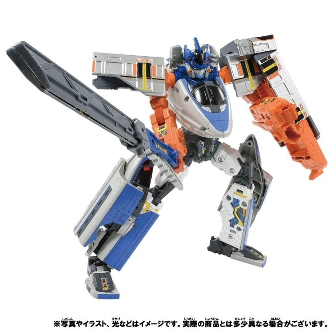  Train-themed robot toy with blue, silver, and orange parts in a dynamic pose, holding a sword.