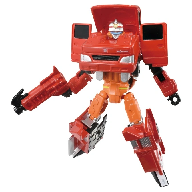  Red Morita fire truck Transformer toy in robot mode, with truck cab torso and arms, orange legs.