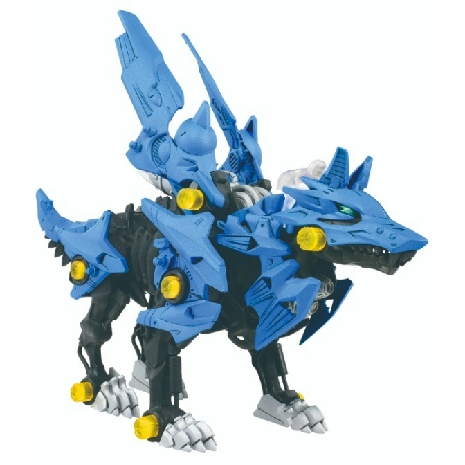 Blue wolf-like Zoid toy with yellow lights and mechanical details.