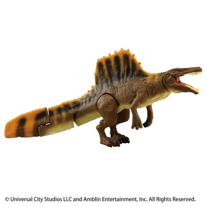  Spinosaurus toy with brown body, orange sail and tail, and open mouth.