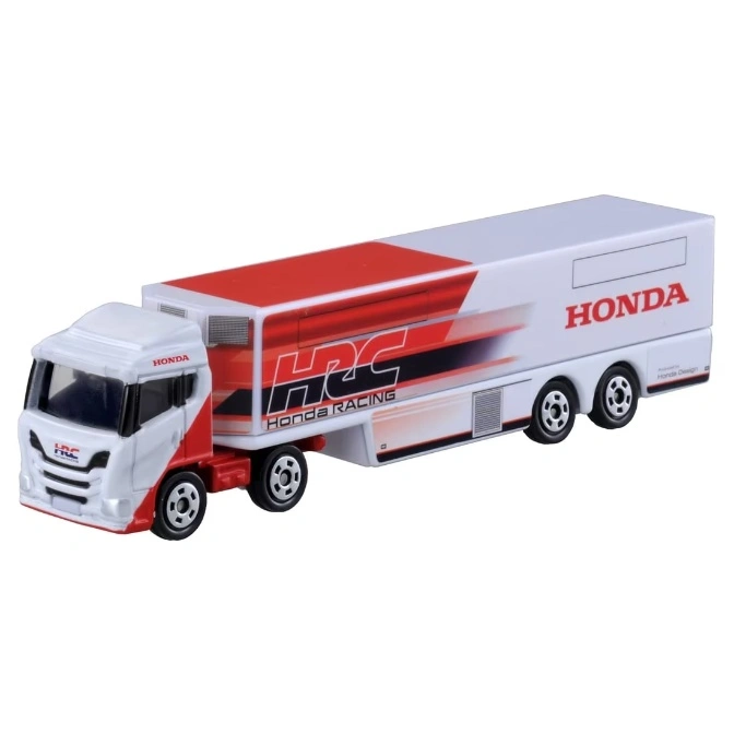 Honda HRC racing truck toy. White cab and trailer with red and black HRC livery.