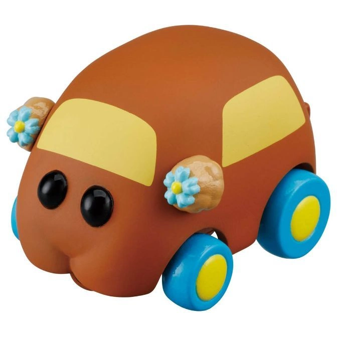 Brown toy car with blue wheels and flower decorations.