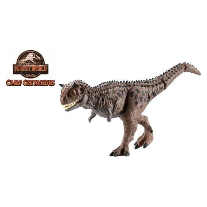 Jurassic World Camp Cretaceous Carnotaurus Toro toy figure with brown skin and black spots.