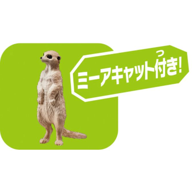 Meerkat toy standing next to a green sign with Japanese text.