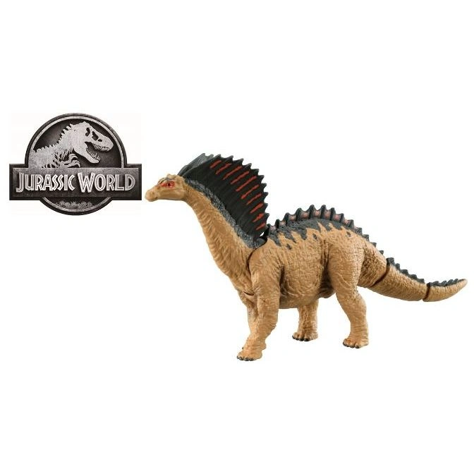 Dimetrodon dinosaur toy with a black and red sail on its back, next to the Jurassic World logo.