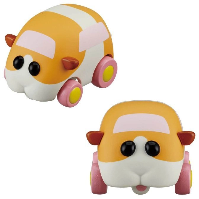  Two orange and white guinea pig car toys with pink wheels and black eyes.