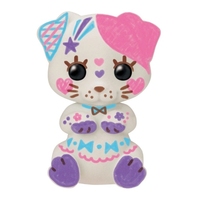  Stylized white dog toy with colorful markings, including hearts, stars, and geometric patterns.