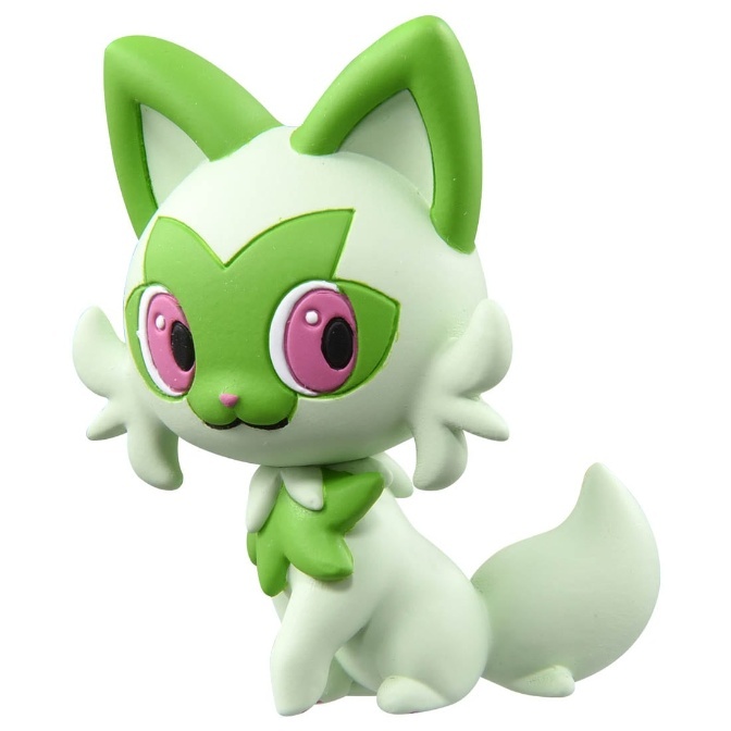 Sprigatito figurine with green and white fur, pink eyes, and a leafy collar.