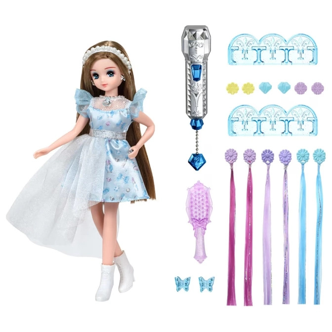  Doll with styling accessories: hair extensions, clips, brush, and gem applicator.