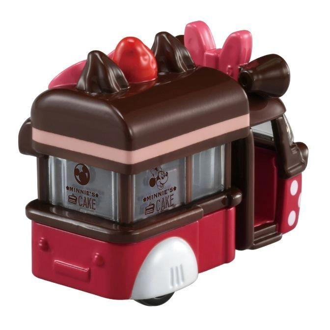  Minnie's Cake Shop Tomica vehicle with chocolate roof, pink bow, and red and white accents.