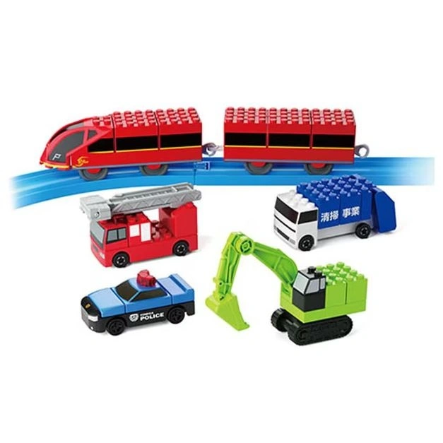 Toy train, fire truck, garbage truck, excavator, and police car made of building blocks.