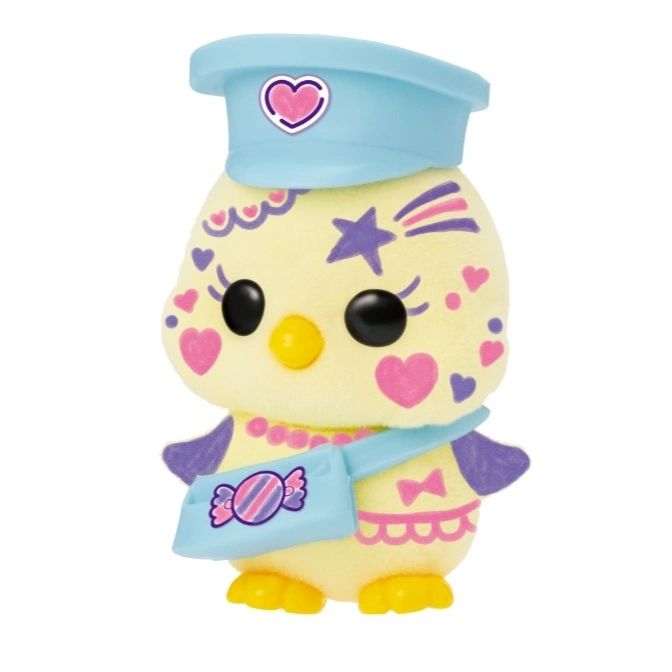  Yellow chick toy wearing a blue postman hat and satchel with heart and candy decorations.