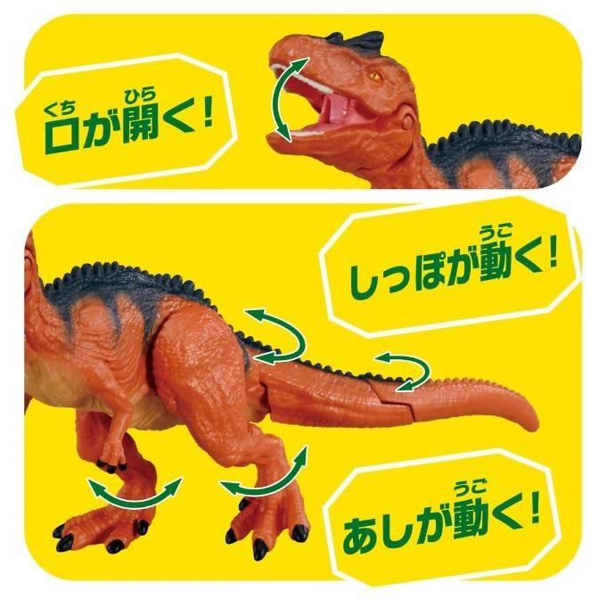  Toy dinosaur with moving mouth, tail, and legs. Yellow callouts highlight features.