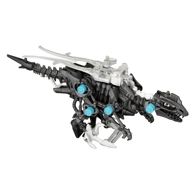  Black and silver dinosaur robot toy with blue accents.