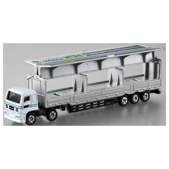 Toy car carrier truck, white cab, silver trailer with two levels for carrying vehicles.