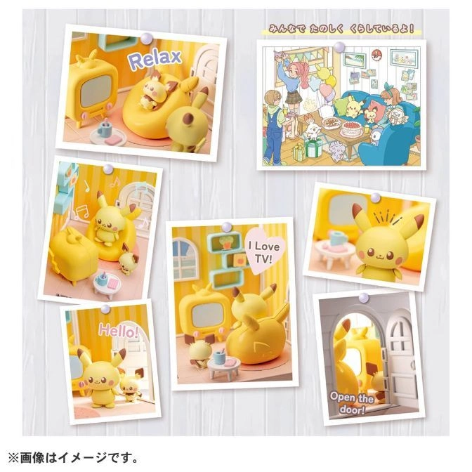  Pikachu dollhouse set with furniture and accessories, including TV, sofa, and door.